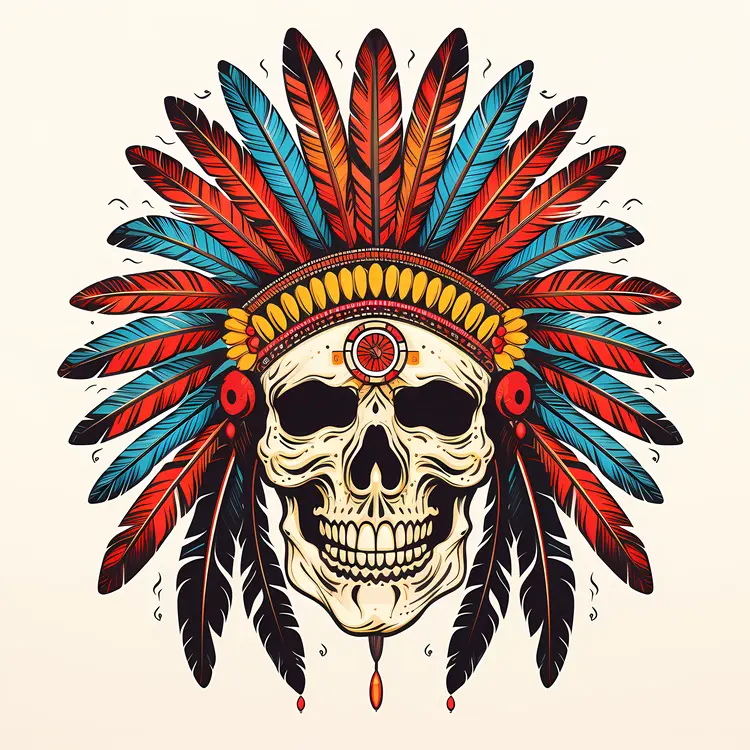 Skull with Colorful Feather Headdress