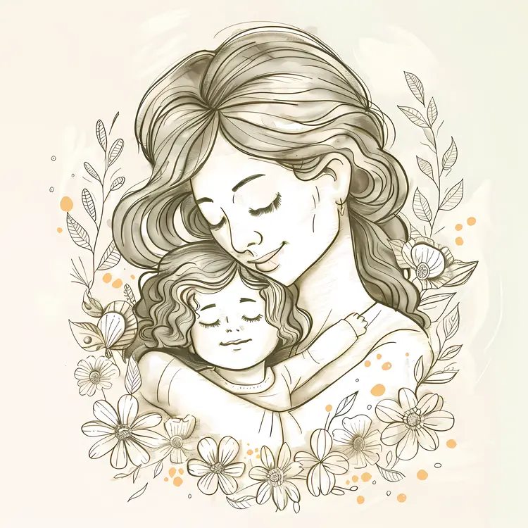 Mother and Child Embrace with Floral Background