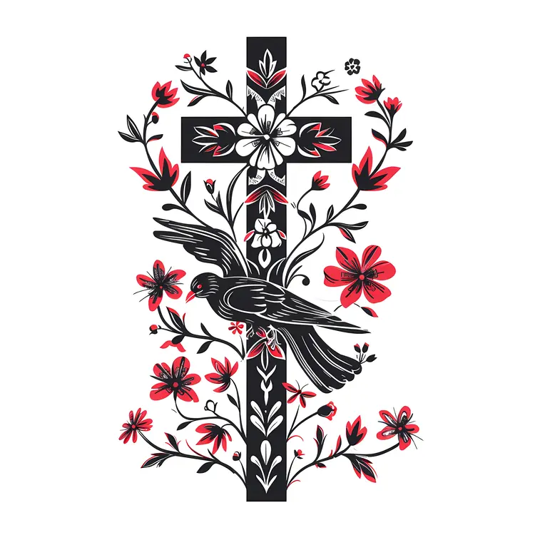 Cross with Flowers and Bird Illustration