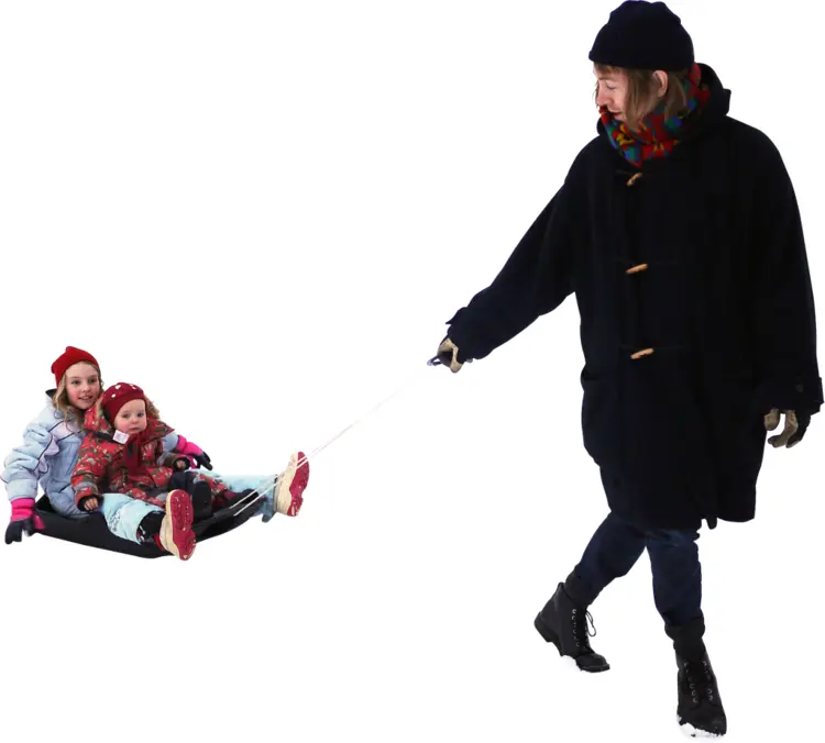 Children Sledding in Snow with Parent