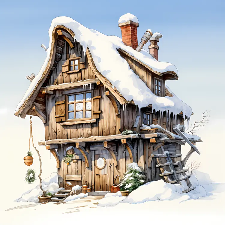 Rustic Snowy House with Chimney