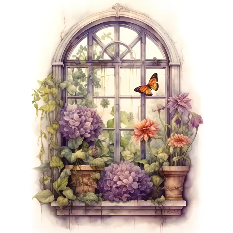 Beautiful Window with Flowers and Butterfly