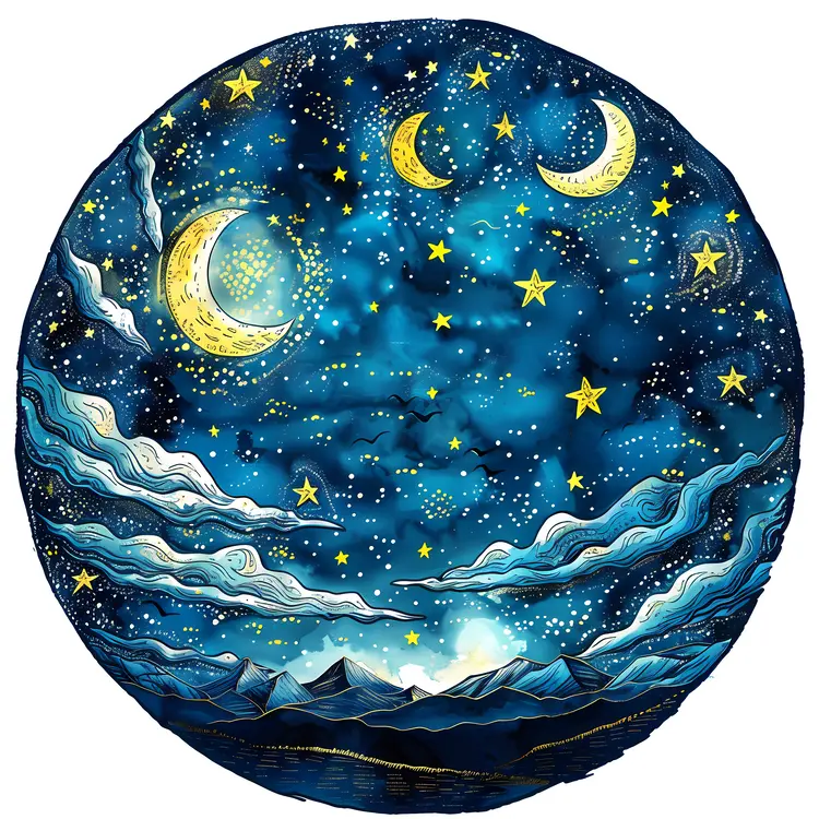Starry Night Sky with Moons and Stars