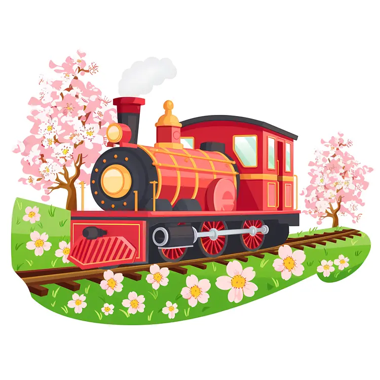 Red Steam Train in Spring