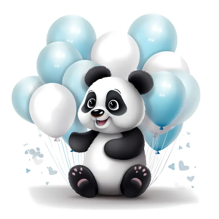 Cartoon Panda with Blue and White Balloons