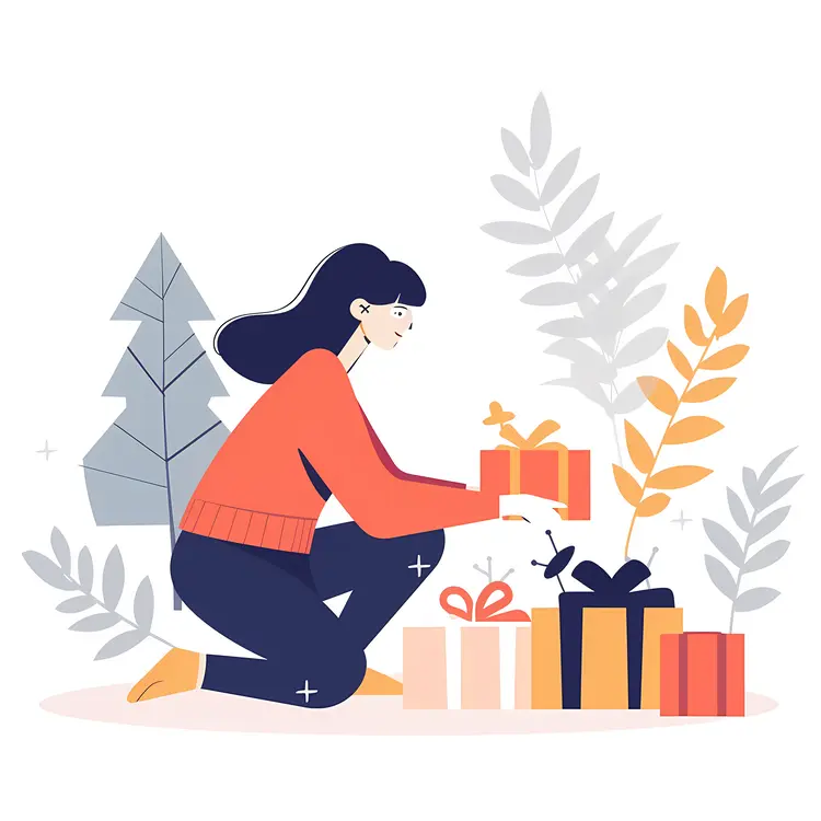 Woman Kneeling with Gift Boxes and Plants