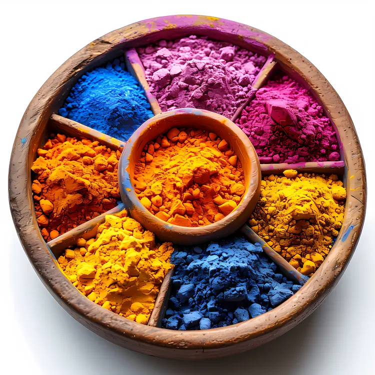 Colorful Pigments in Wooden Bowl