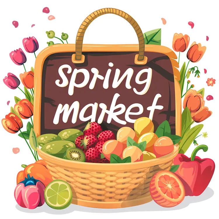 Spring Market Sign with Basket of Fruits and Flowers