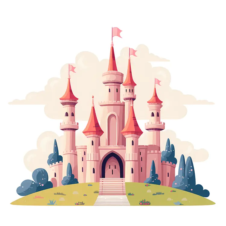 Pink Magical Castle with Towers and Flags