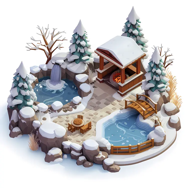 Snowy Hot Spring with Cozy Cabin