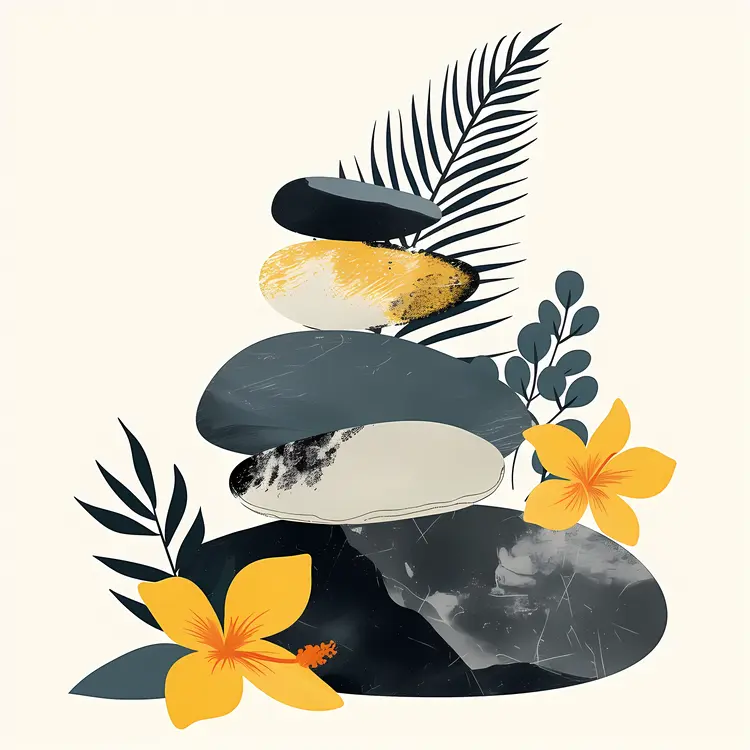 Zen Stacked Stones with Yellow Flowers
