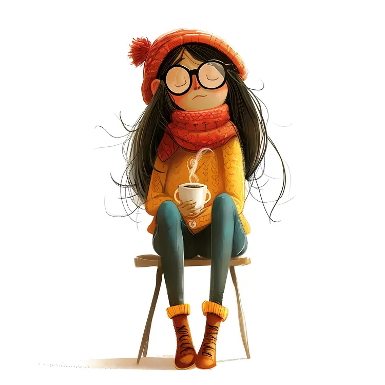 Girl with Coffee and Scarf Sitting on a Stool