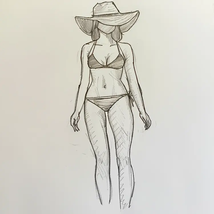 Sketch of Woman in Bikini and Hat