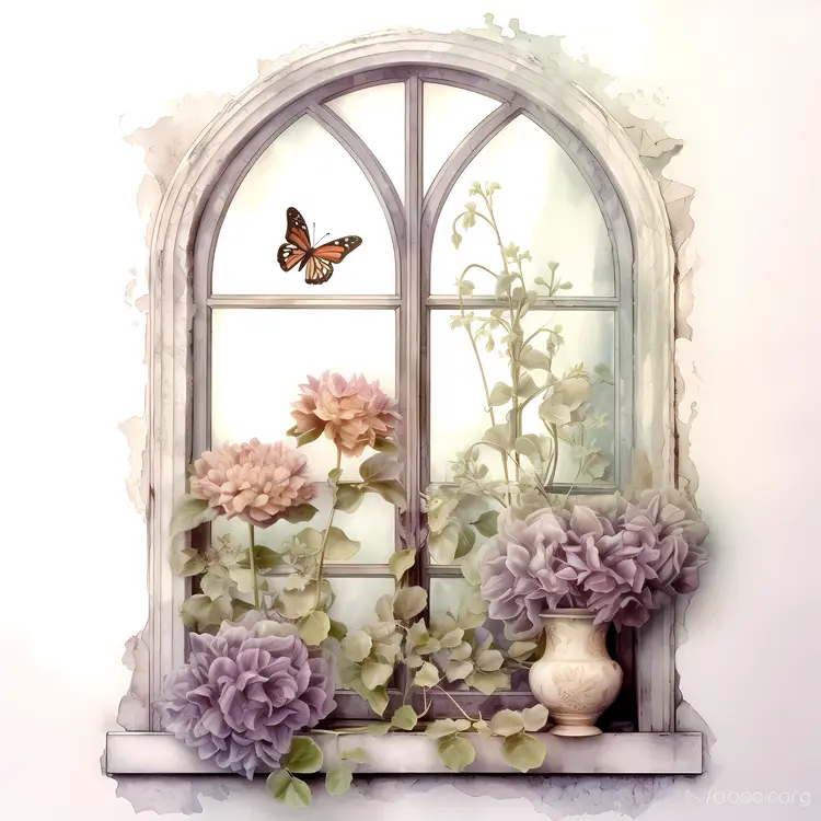Butterfly and Flowers in a Gothic Window with Vase