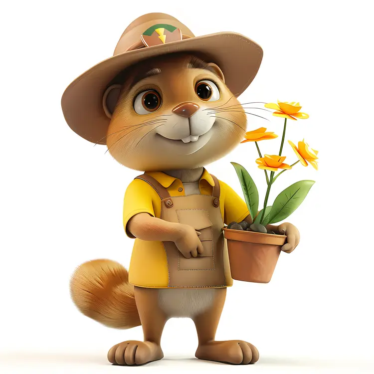 Cute Beaver Gardener with Flower Pot