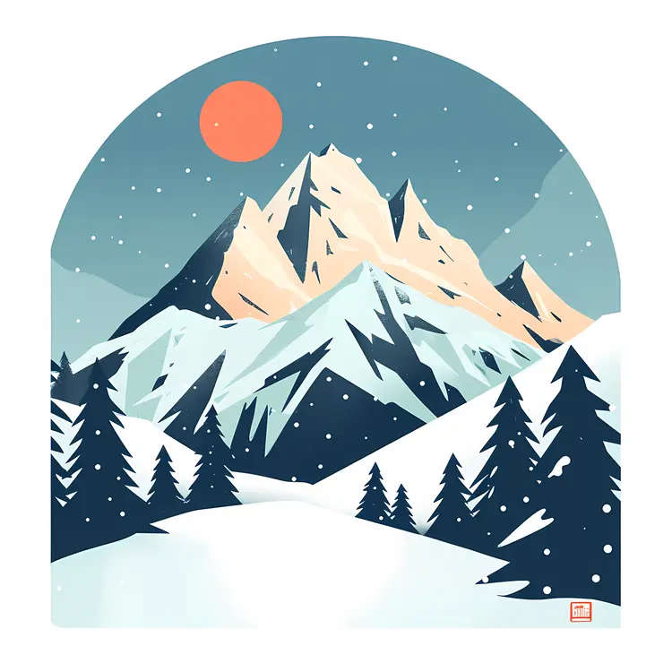Snowy Mountain with Red Sun