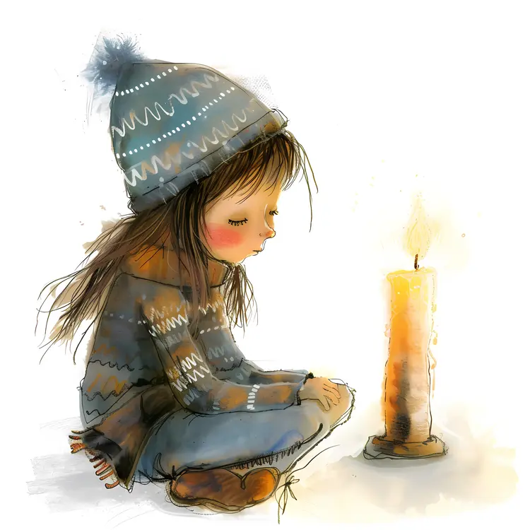 Child Sitting with a Candle in Winter Clothes