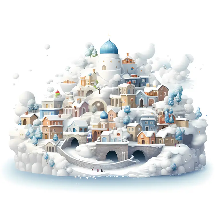 Snowy Village with Blue Dome