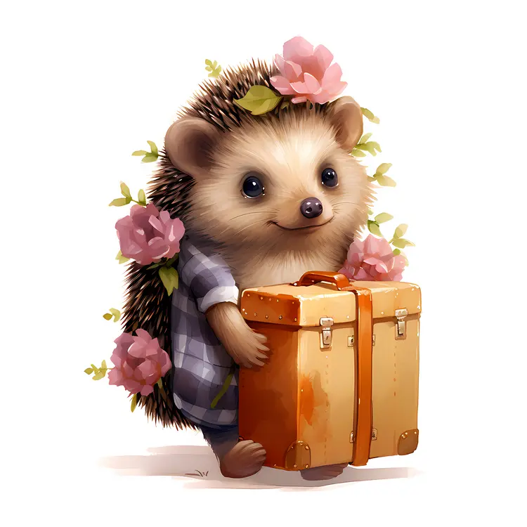 Hedgehog with Suitcase and Flowers