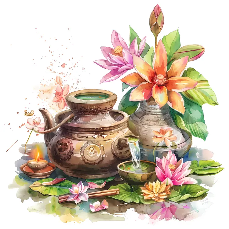 Beautiful Floral Arrangement with Pots and Water