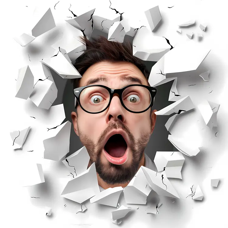 Surprised Man with Glasses Breaking Through Wall