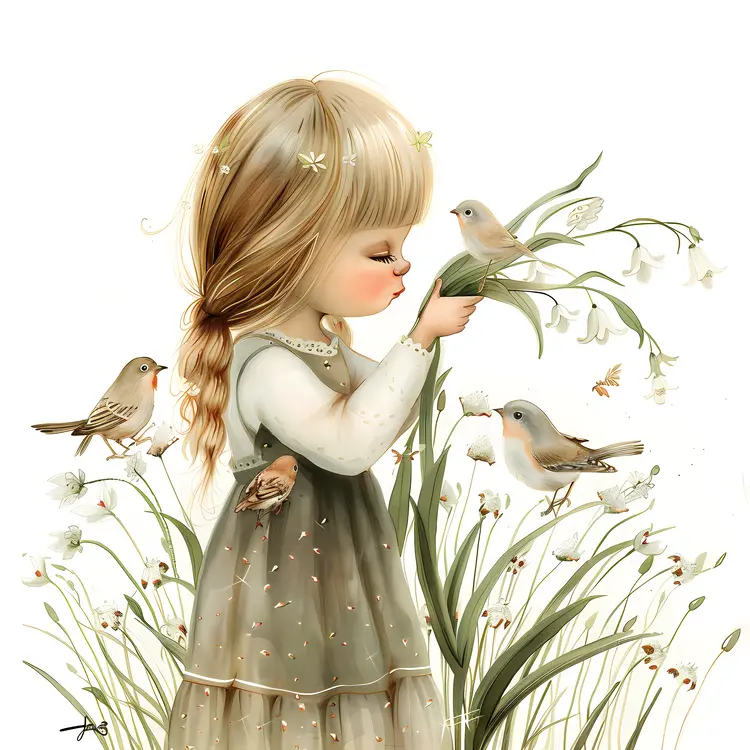 Girl Smelling Flowers with Birds