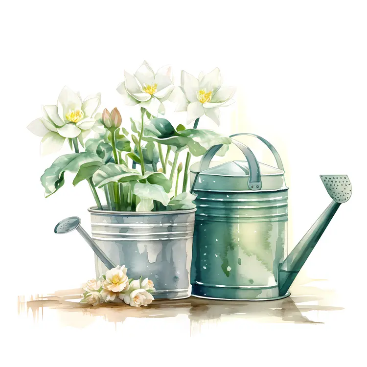 Watering Can with White Flowers