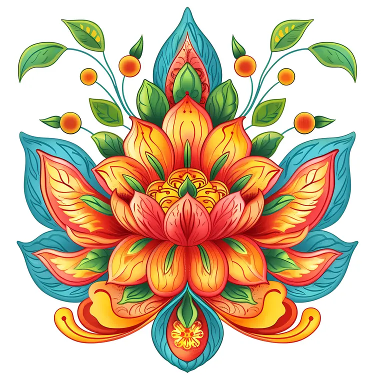 Floral Mandala with Orange and Green Leaves
