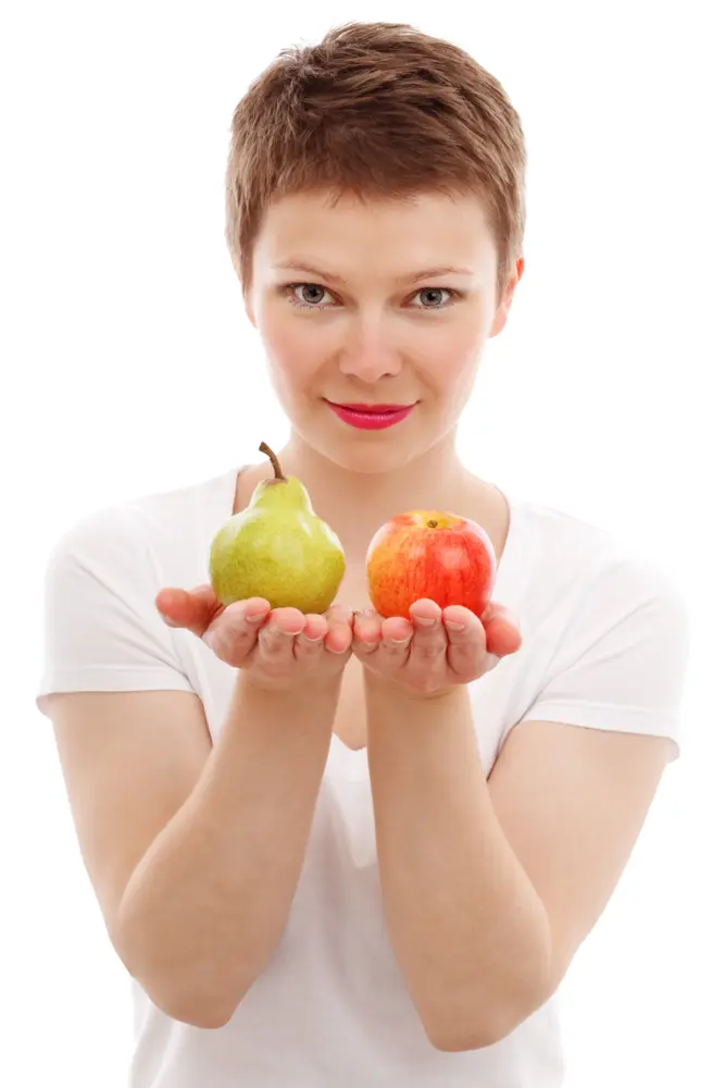 Woman Holding Pear and Apple