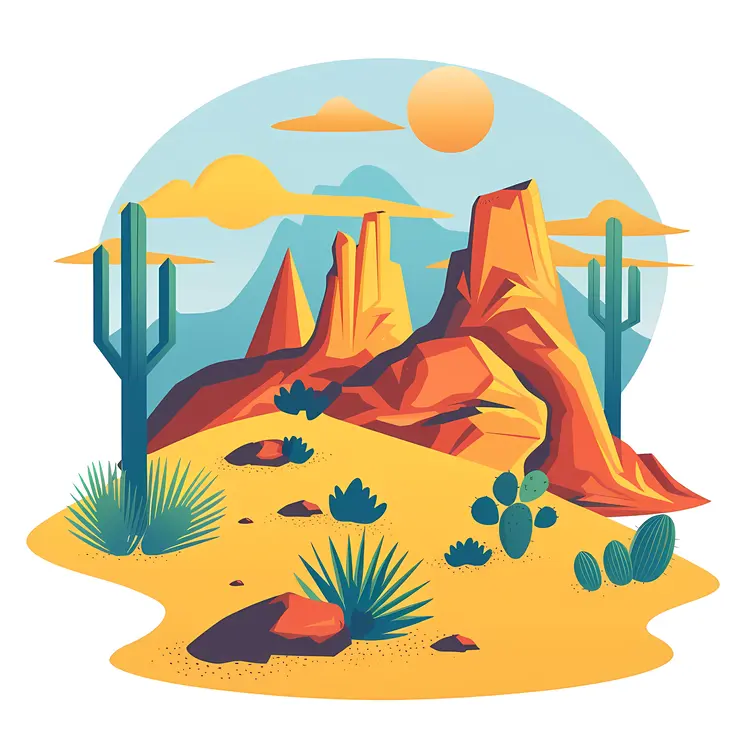 Desert Landscape with Cactus and Mountains