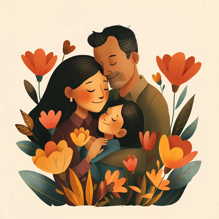 Family Hugging with Flowers on Mother's Day