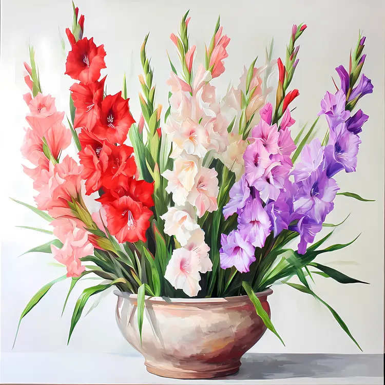 Multicolored Gladiolus in Ceramic Pot