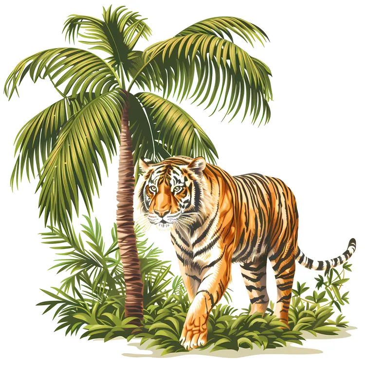 Tiger and Palm Tree in Tropical Jungle