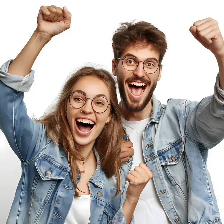 Happy Couple Cheering in Denim Jackets