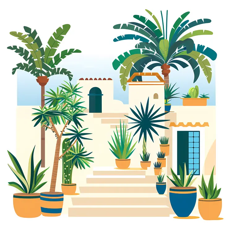 Mediterranean House with Tropical Plants