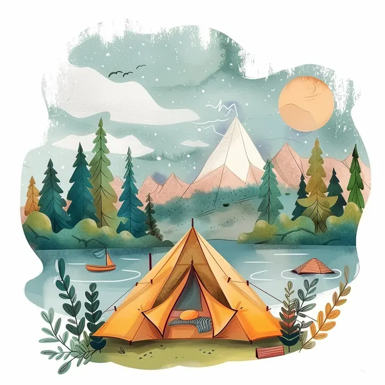 Camping Tent by Lake in Mountain Landscape