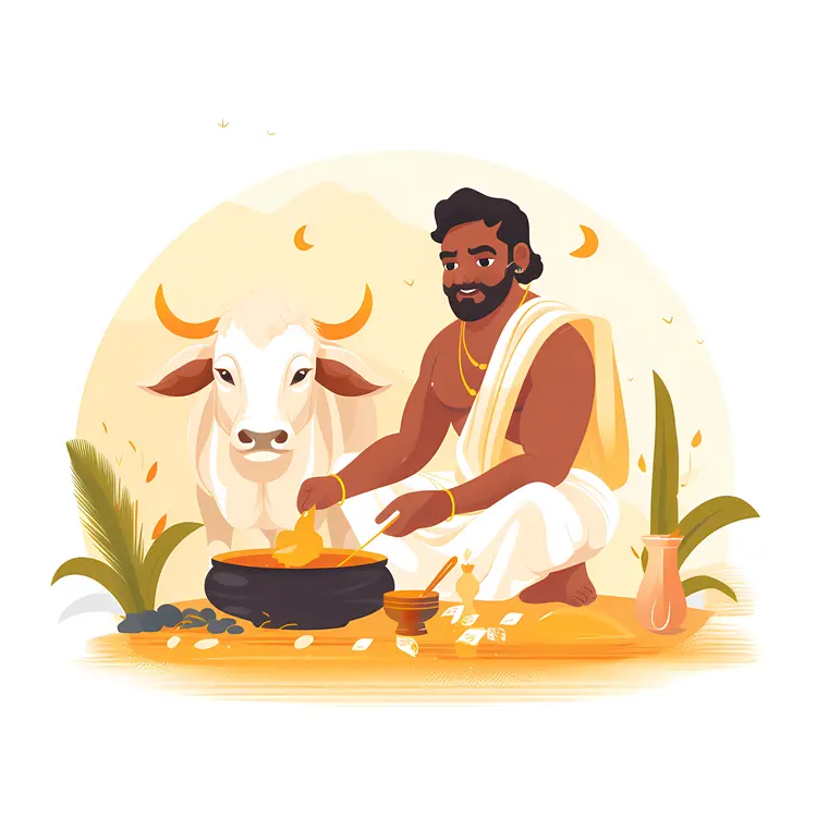 Traditional Man Cooking with Cow and Fire
