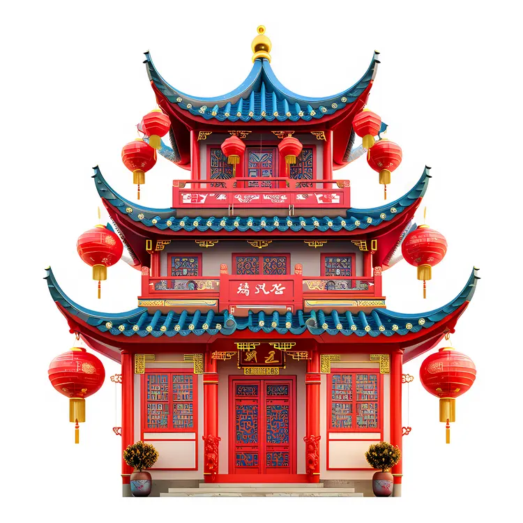 Red and Blue Chinese House with Lanterns