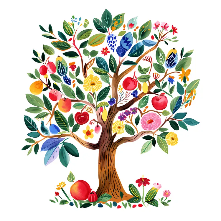 Flowering Tree with Fruits and Leaves