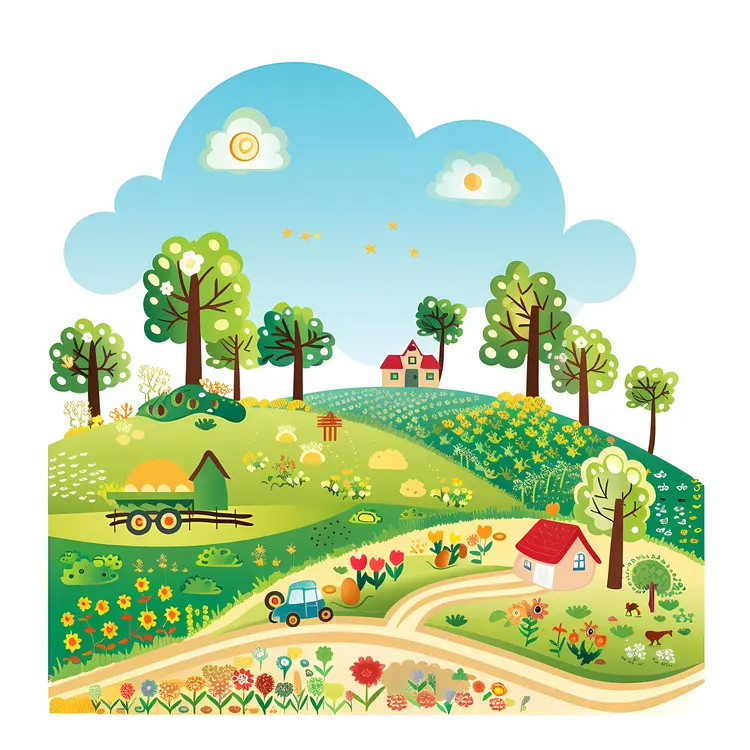 Colorful Countryside Scene with Fields and Trees