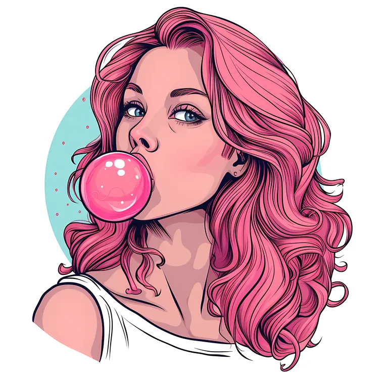 Girl with Pink Hair Blowing Bubblegum