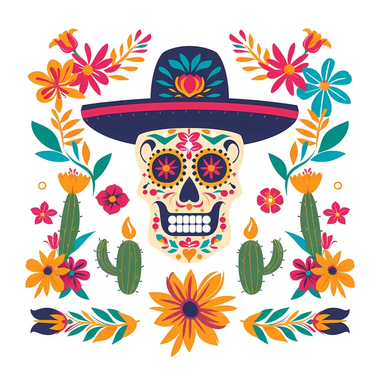 Colorful Sugar Skull with Flowers and Cactus