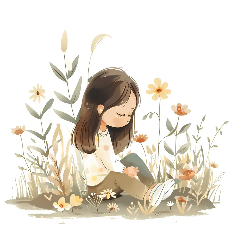 Girl Sitting Among Wildflowers