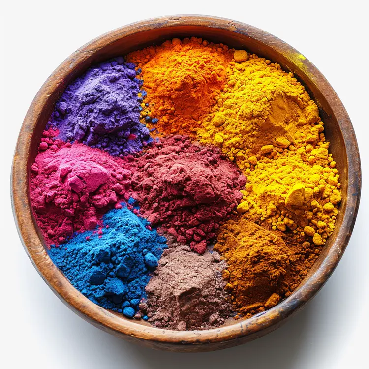 Colorful Pigments in Wooden Bowl