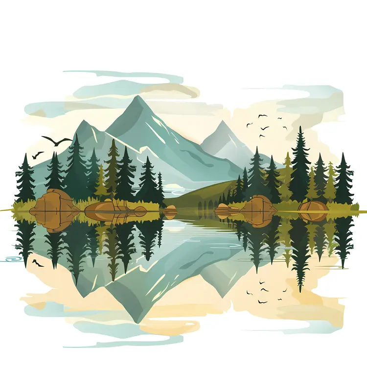 Mountainous Landscape Illustration with Forest and Lake