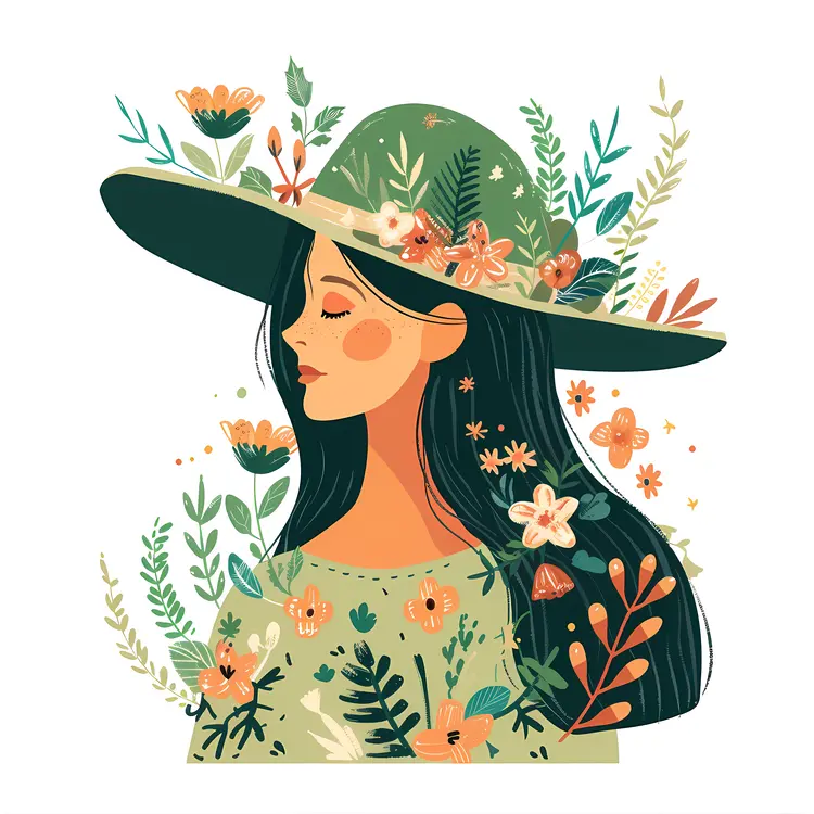 Woman with Hat and Flowers Illustration