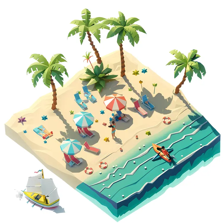 Beach with Umbrellas and Palm Trees