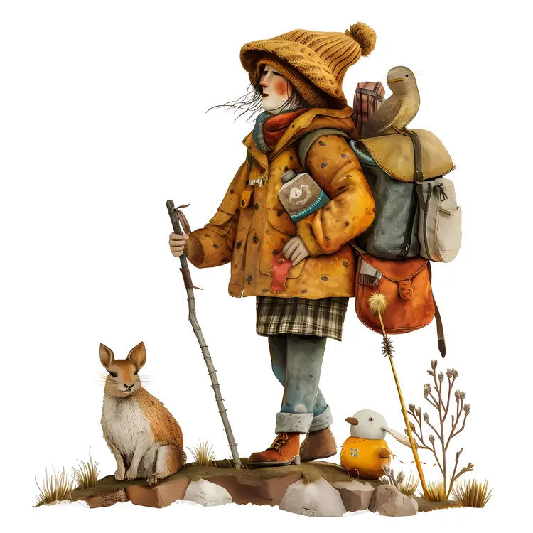 Cute Cartoon Hiker with Backpack and Walking Stick