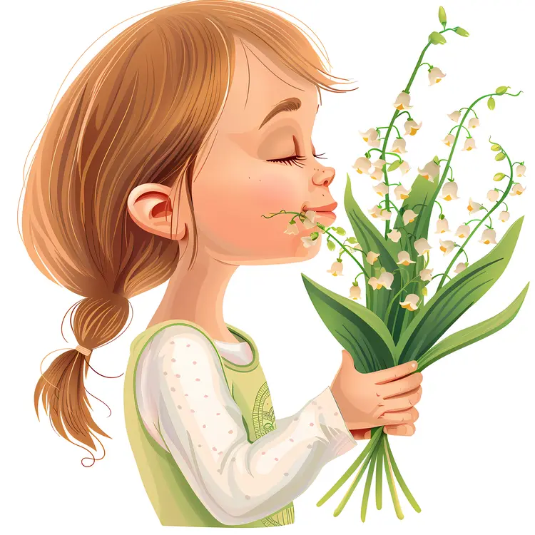Young Girl Enjoying Flowers in Green Dress