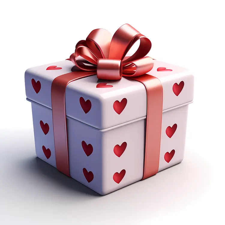 Square Gift Box with Heart Pattern and Red Ribbon for Valentine's Day